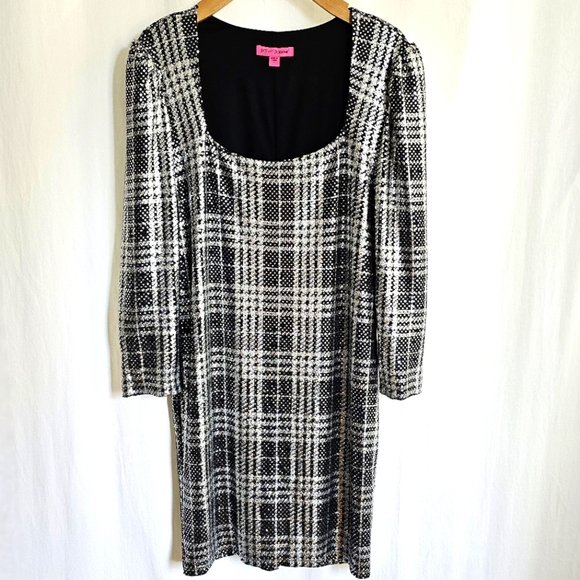 Betsey Johnson Black & Silver Metallic Plaid Glitter Sequin Mini Dress - Picture 8 of 16